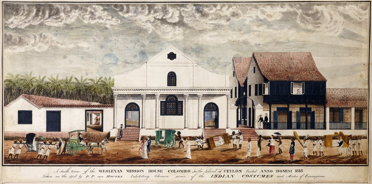 Etelänäkymä Wesleyan Mission Housesta, Colombosta Ceylonin saarella, pystytetty Anno Domini 1816, n. 1816 (akvarelli) tekijältä P. van Houten