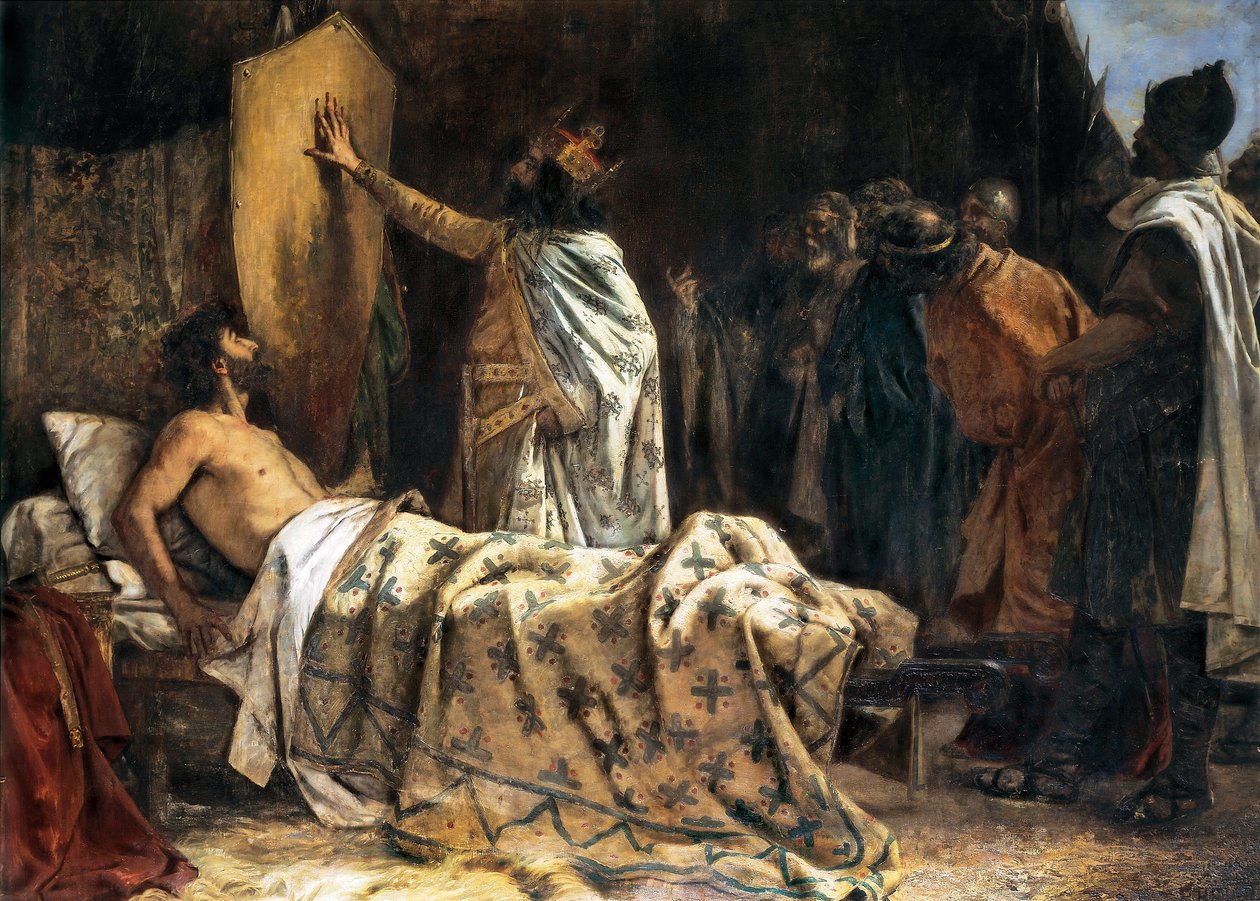 Kreivi Wilfred Karvaisen kuolema (840-897), 1800-luvun loppu - 1900-luvun alku (öljy kankaalle) tekijältä Pablo Antonio Béjar Novella