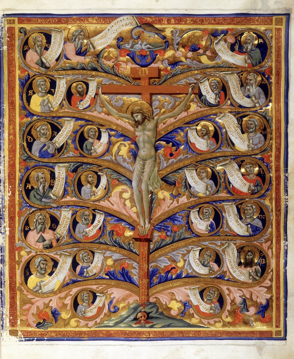 Elämänpuu tai ristinpuu, kuvitus latinalaisesta Trivulzianan Raamatusta, n. 1335-1340 (tempera, kultalehti ja muste pergamentilla) tekijältä Pacino di Bonaguida