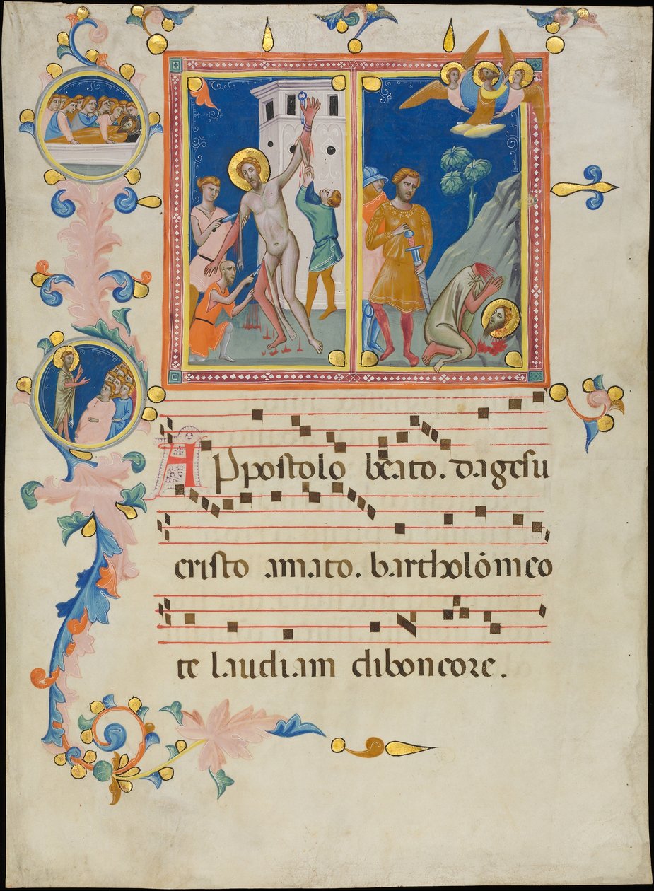 Käsikirjoituslehti, jossa on Pyhän Bartolomeuksen marttyyrikuolema, Laudariosta, n. 1340. tekijältä Pacino di Bonaguida
