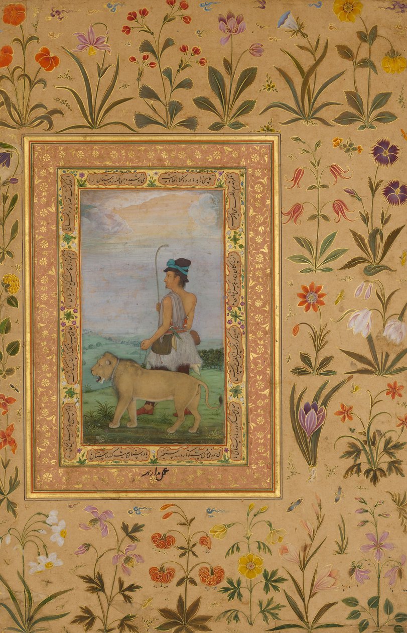 Dervish With a Lion, Folio Shah Jahan -albumista, toisinto: n. 1630, recto: n. 1500. tekijältä Padarath