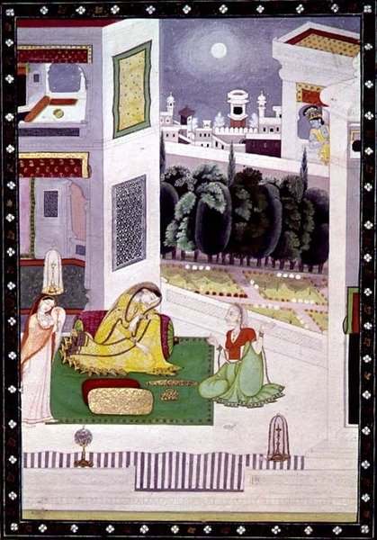 Laiminlyöty nainen, Prositapatika Nayika, Kangra, Himachal Pradesh, n. 1850 tekijältä Pahari School