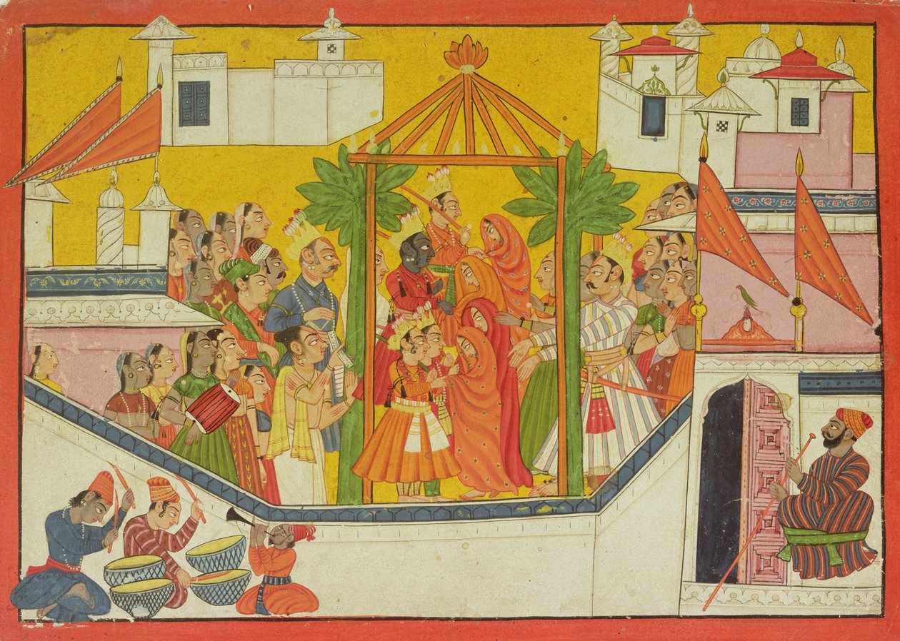 62.2445 Raman ja hänen veljiensä avioliitto Sangri Ramayanasta, Kulu-Mandista, Himachal Pradeshista, 1760-65 tekijältä Pahari School