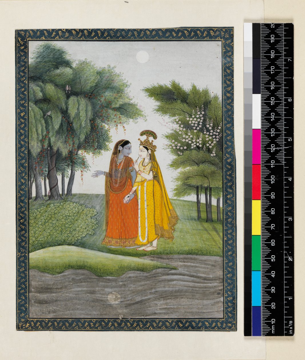 Krishna ja Radha kävelemässä Jumnan vieressä kuunvalossa vaihtaneet vaatteita "Bhagavata puranalta", Kangrasta, Himachal Pradeshista, n. 1820 tekijältä Pahari School