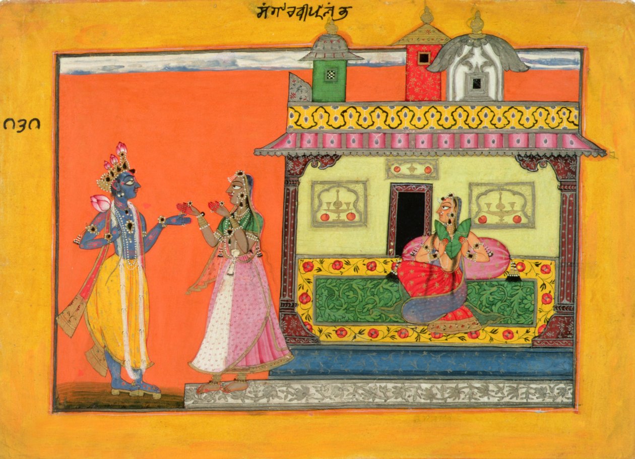 Krishna saapumassa Radhasin taloon, kuvitus Bhanudattan Rasamanjarin käsikirjoituksesta, basholi-tyyli, n. 1660-70 tekijältä Pahari School