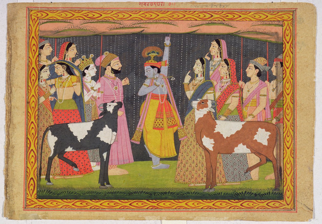 Krishna nostaa Govardhana-vuorta Bhagavata puranalta, Kulu, Himachal Pradesh, 1749 tekijältä Pahari School