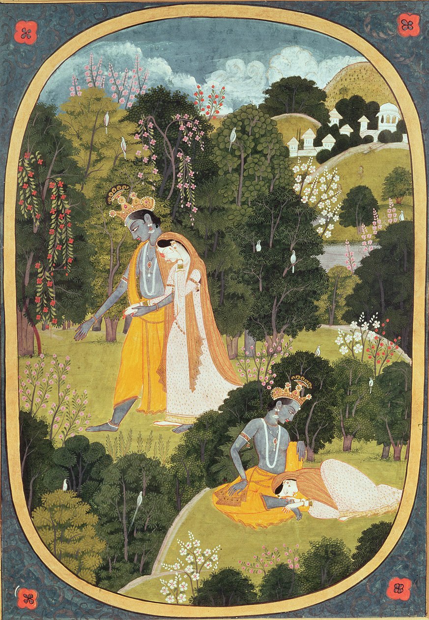 Radha ja Krishna kävelevät metsässä, Kangra, Himachal Pradesh, 1820-25. tekijältä Pahari School