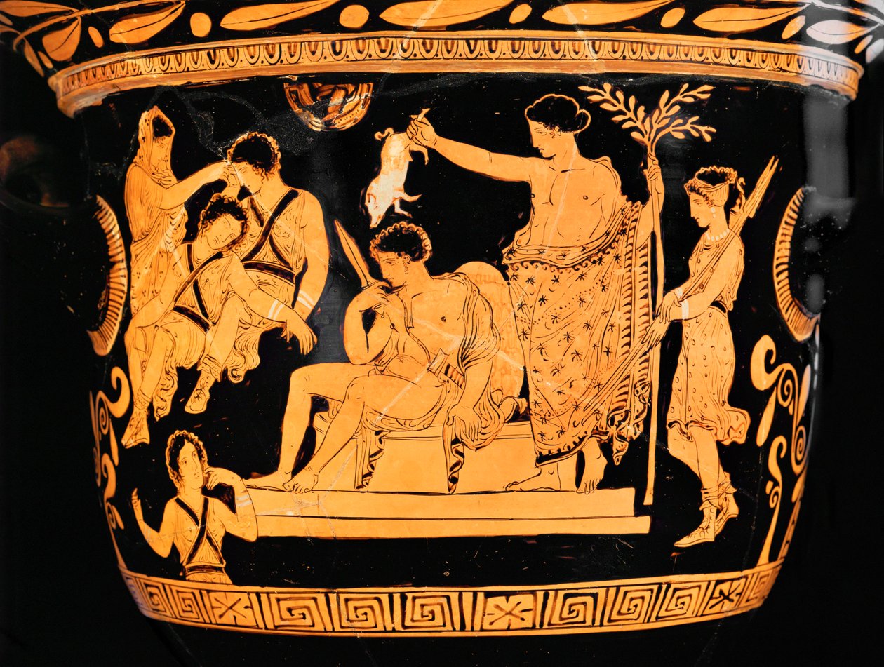 Punahahmoinen kellokraatteri Apuliasta: Apollo puhdistaa Orestesin porsaan verellä ... tekijältä Painter Eumenides