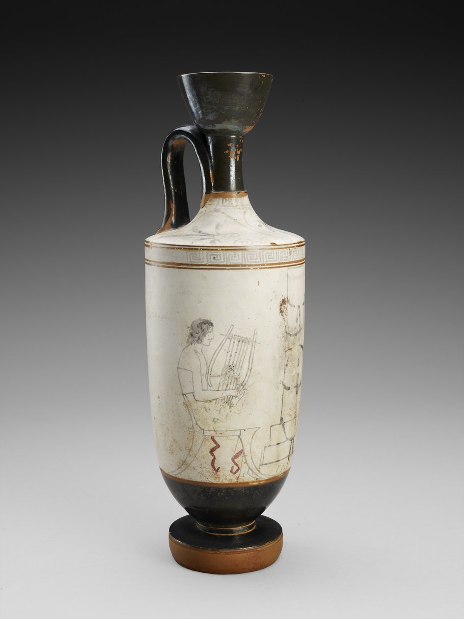 Olkapää Lekythos valkoisella pohjalla, monivärinen maalaus hautajaiskohtauksesta, 450-440 eKr. (terrakotta, valkoinen pohjatyyli) tekijältä Painter Houston