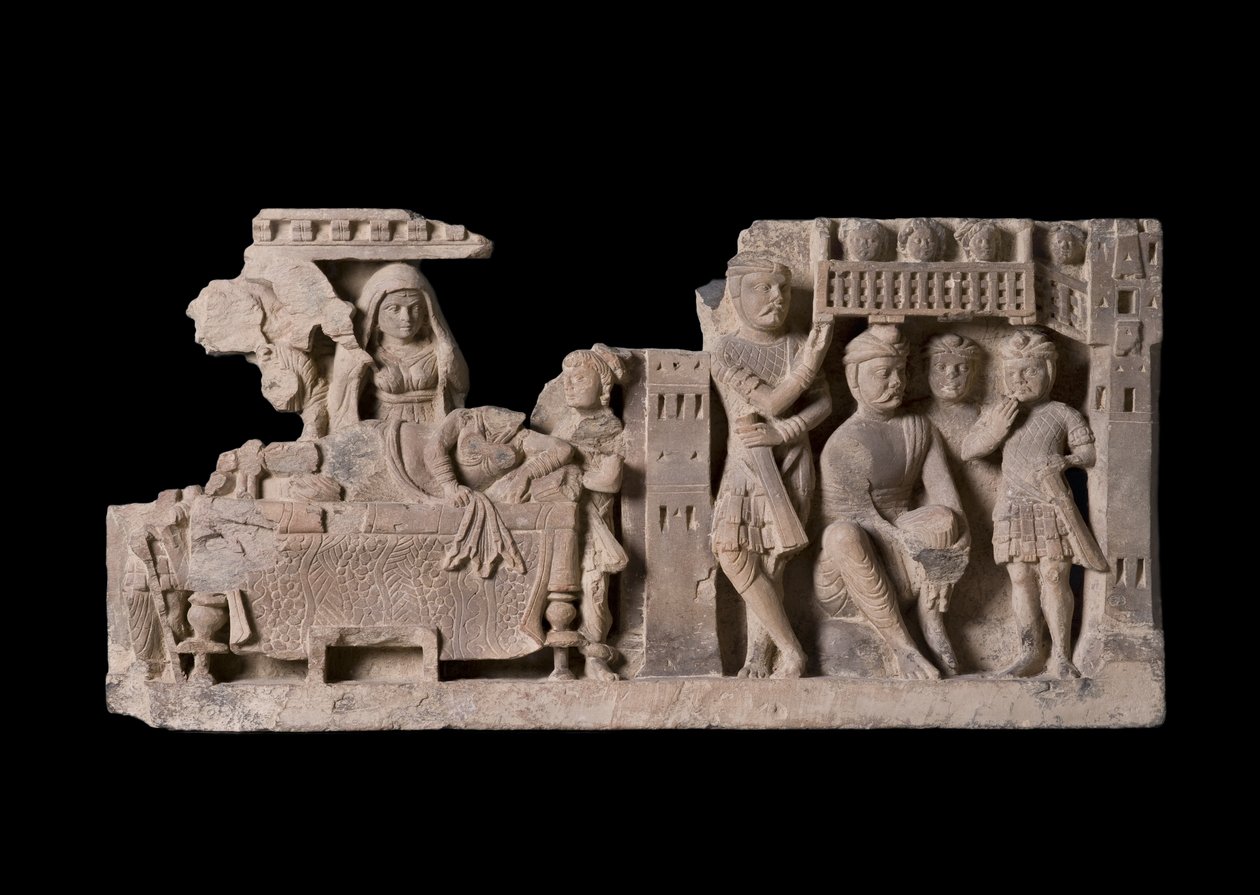 Kuningatar Mayan unelmaa kuvaava kohokuviotaulu Gandharan alueella (liuske) tekijältä Pakistani School