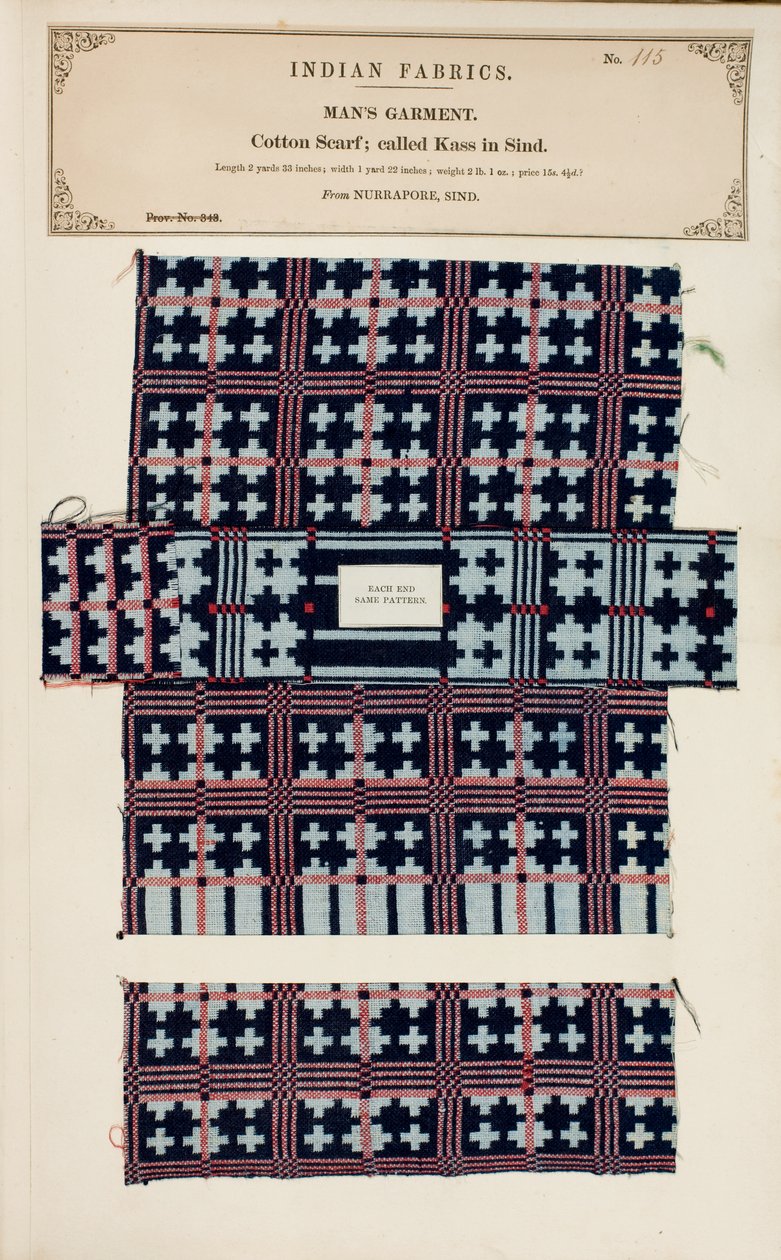 Puuvillahuivinäyte Nurraporesta Sindistä, kokoelmasta The Collection of the Textile Manufacturers of India, kirjoittanut John Forbes Watson, julkaistu vuonna 1866 tekijältä Pakistani School