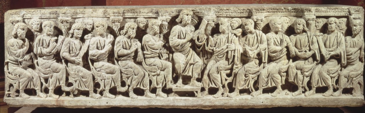 Kristus istuu ja opettaa apostolien ympäröimänä, marmorinen kristillinen sarkofagi, hankittu Rignieux-le-Francin kirkosta 400-luvun lopulla jKr. tekijältä Paleo Christian