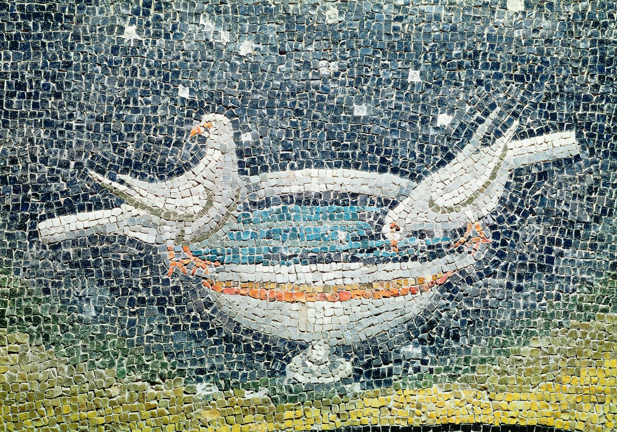 Kyyhkyset juovat kulhosta, n.430 jKr (mosaiikki) tekijältä Paleo Christian