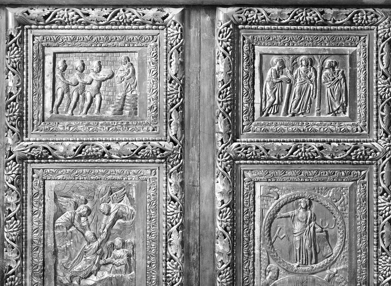 Neljä ovipaneelia, jotka kuvaavat kohtauksia Vanhasta ja Uudesta testamentista (puu) tekijältä Paleo Christian