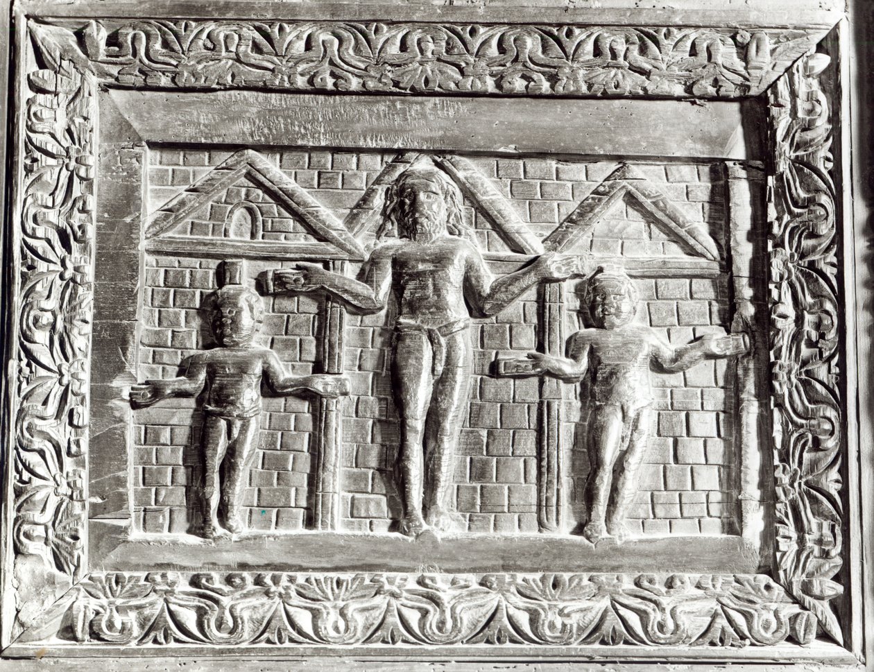 Ristiinnaulitseminen, paneeli ovesta, koristeltu kohtauksilla Vanhasta ja Uudesta testamentista (puuta) tekijältä Paleo Christian
