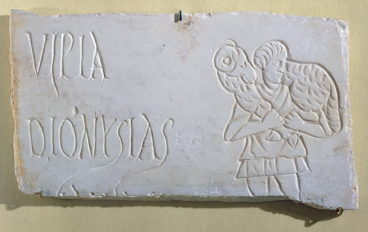 Epitafi, jossa on kohokuvio Hyvästä paimenesta, Soussen katakombeista, 3.-4. vuosisadalta (marmori) tekijältä Paleo Christian