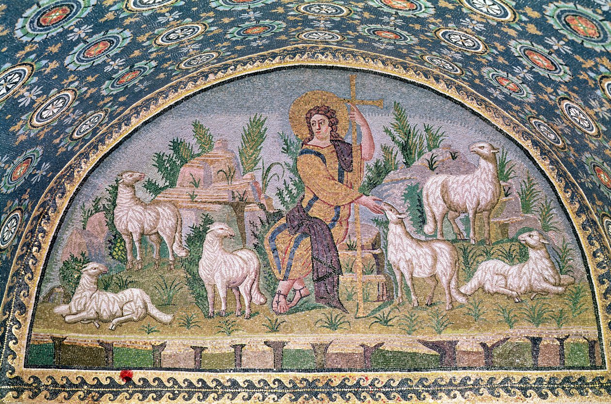Hyvä paimen, lunette sisäänkäynnin ylhäältä (mosaiikki) tekijältä Paleo Christian