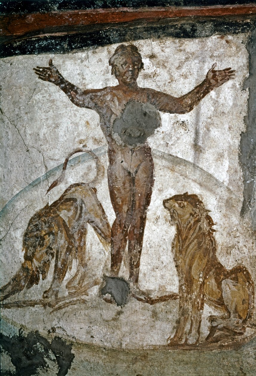 VARHAISKRISTILLINEN TAIDE: Catacombe. Daniel leijonan luolassa, 4. vuosisata (fresko). tekijältä Paleo Christian