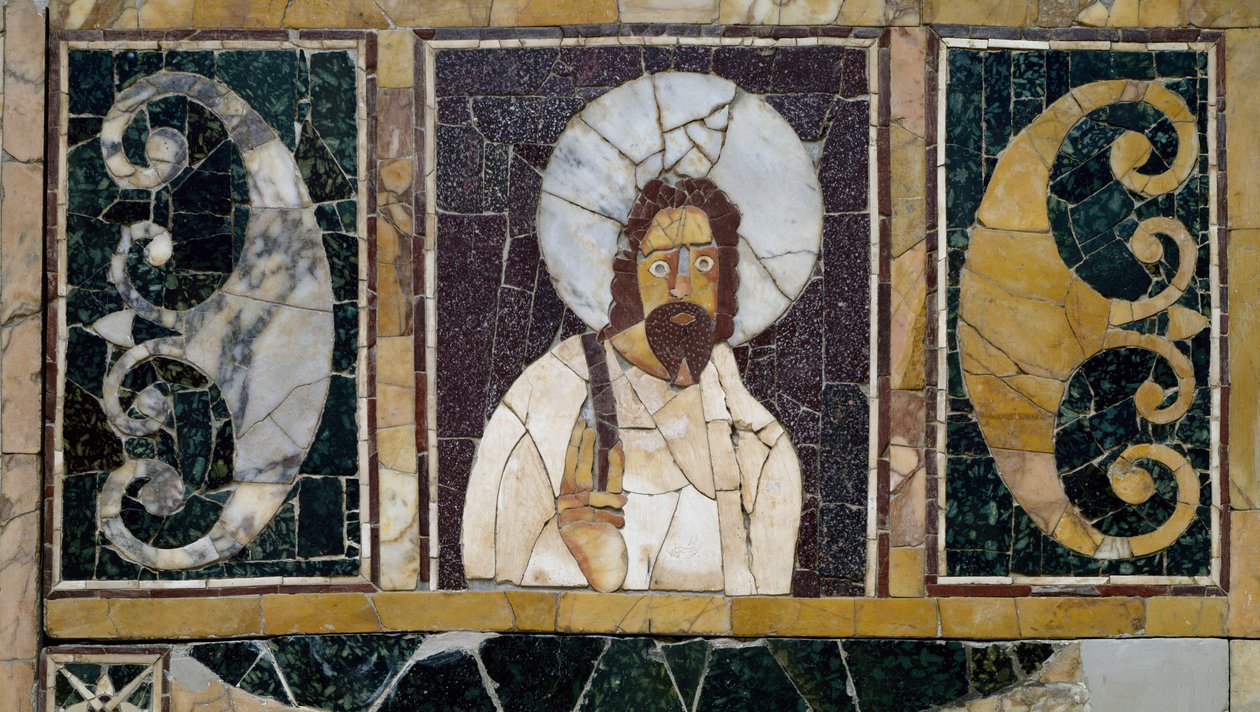 Kristuksen kasvoja kuvaava upotekoristeinen marmori, esine Roomasta, Italiasta, varhaiskristillisyydestä tekijältä Paleo Christian