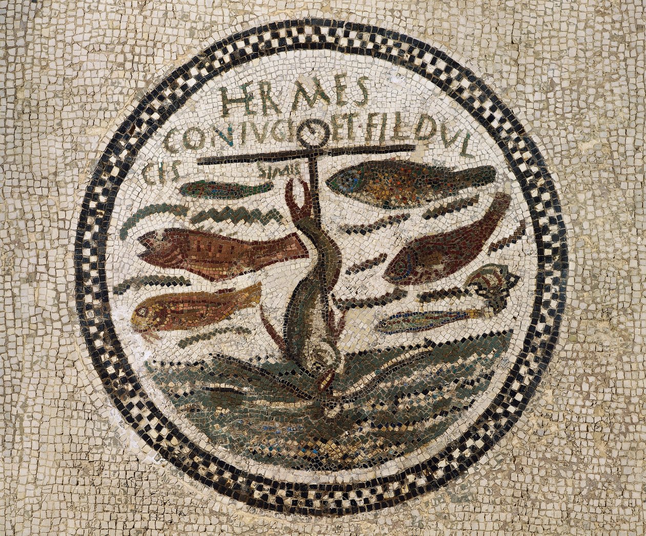 Mosaiikki ankkurilla kalojen ympäröimänä, Kristuksen ja hänen seuraajiensa symboli, Soussen katakombit, Tunisia, Varhaiskristillinen aika, 4. vuosisata tekijältä Paleo Christian