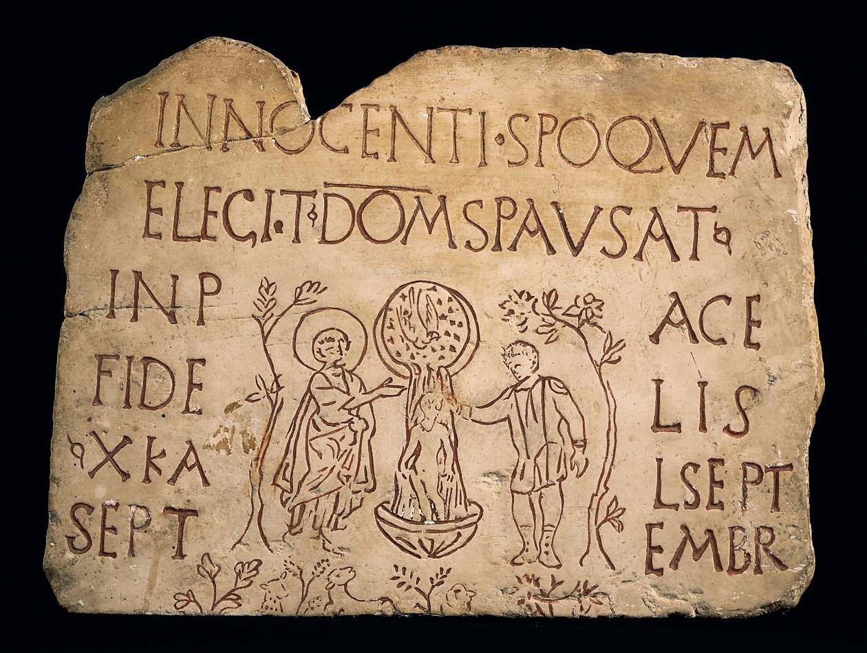 Hautakivi, jossa kaiverrus ja Kristuksen kaste, varhaiskristillinen aika, 3. vuosisata tekijältä Paleo Christian
