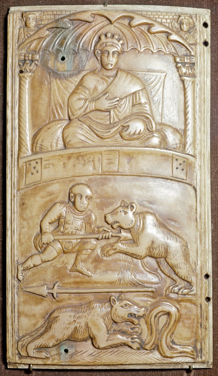 Pelit sirkuksessa karhun kanssa (Ivory relief dyptich, n. 400) tekijältä Paleo Christian