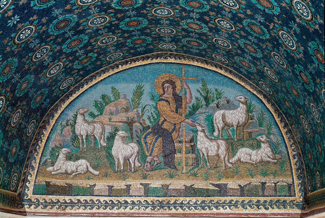 Hyvä pastori. Galla Placidian mausoleumin sisäänkäynnin oven yläpuolella olevan kehyksen mosaiikki, c425 (mosaiikki) tekijältä Paleo Christian