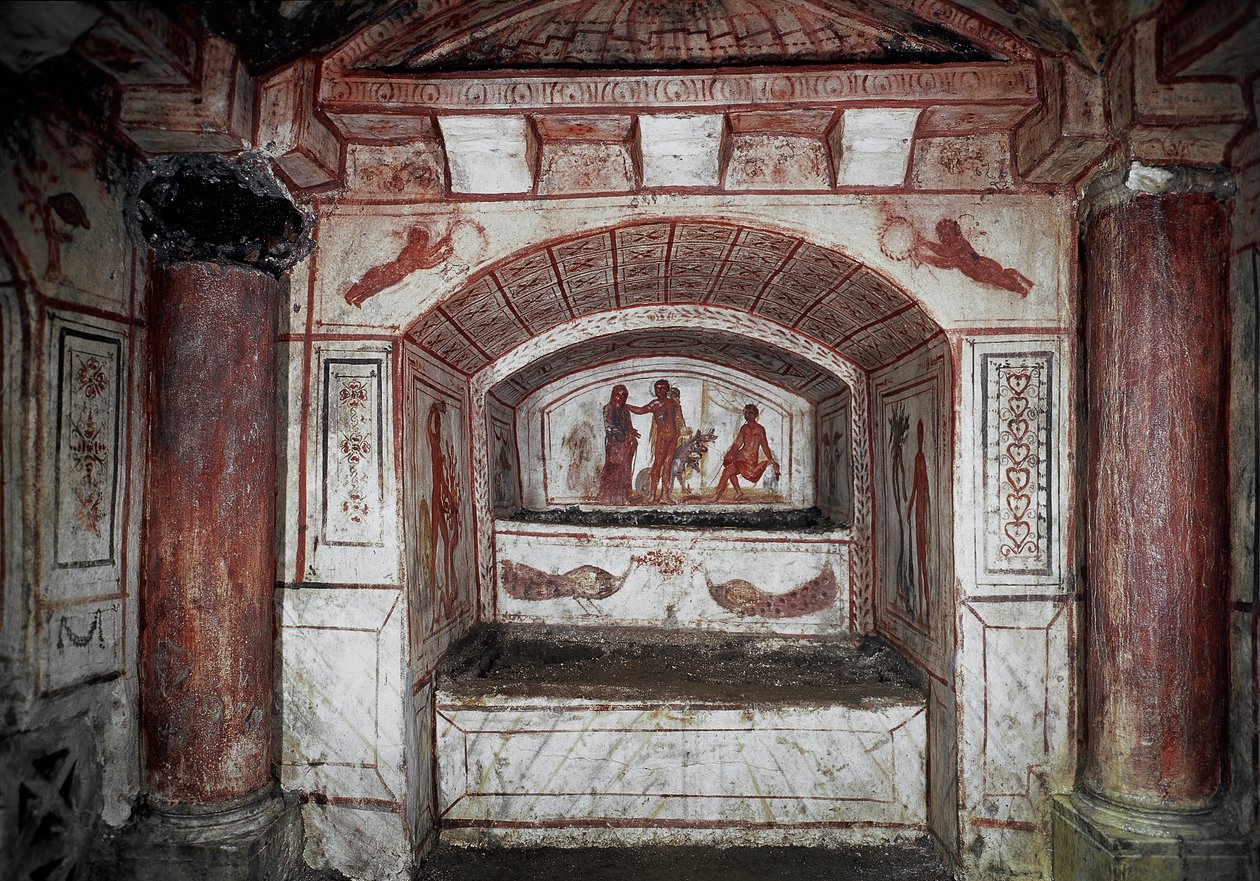 Paleokreetinen taide: "" Hercules (Alcide), joka tuo Alcesten alamaailmasta, palauttaa hänet aviomiehelleen Admetelle"" Fresko 4. vuosisadalta JC:n jälkeen. Rooma, Catacombs di Via Latina - Varhaiskristillinen taide. Hercules tuo Alkestisin takaisin Hadesi tekijältä Paleo Christian