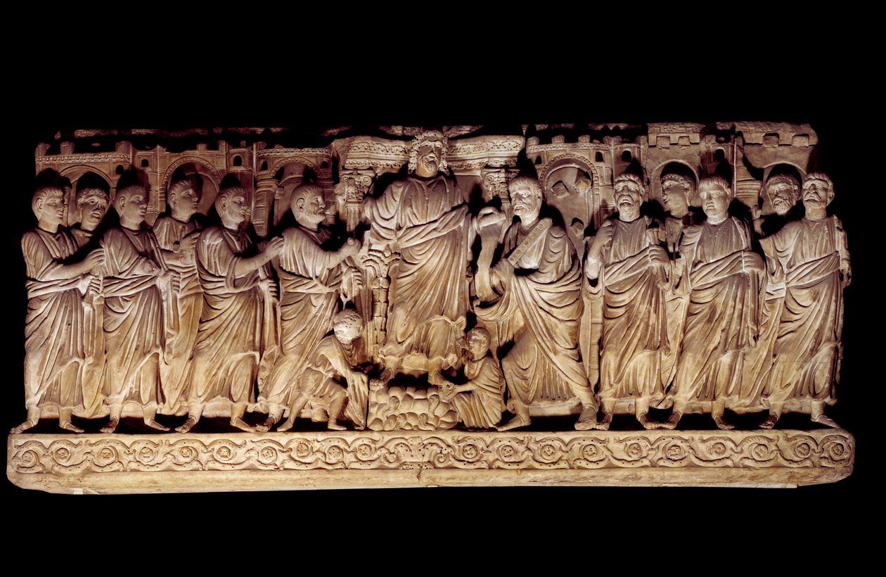 Paleokreetalainen taide: veistetty sarkofagi, joka edustaa Kristusta apotereineen. Pyhän Pietarin basilikasta Roomassa, Aniciin mausolee. 390-400 jKr. Pariisi, Louvre-museo tekijältä Paleo Christian