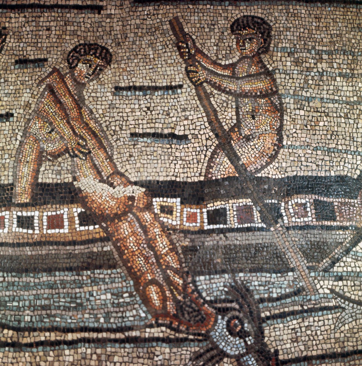 Kohtaus Joonasin elämästä edustaa pääskysiä kalan luona Detail. 5. tai 6. vuosisadan mosaiikki. Cathedrale d