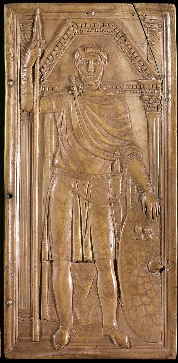 Stilicon aseissa, kenraali, patrice ja Länsi-Rooman valtakunnan konsuli. Oikea paneeli Stilichon kirjaimesta (veistos norsunluun, n. 395) tekijältä Paleo Christian