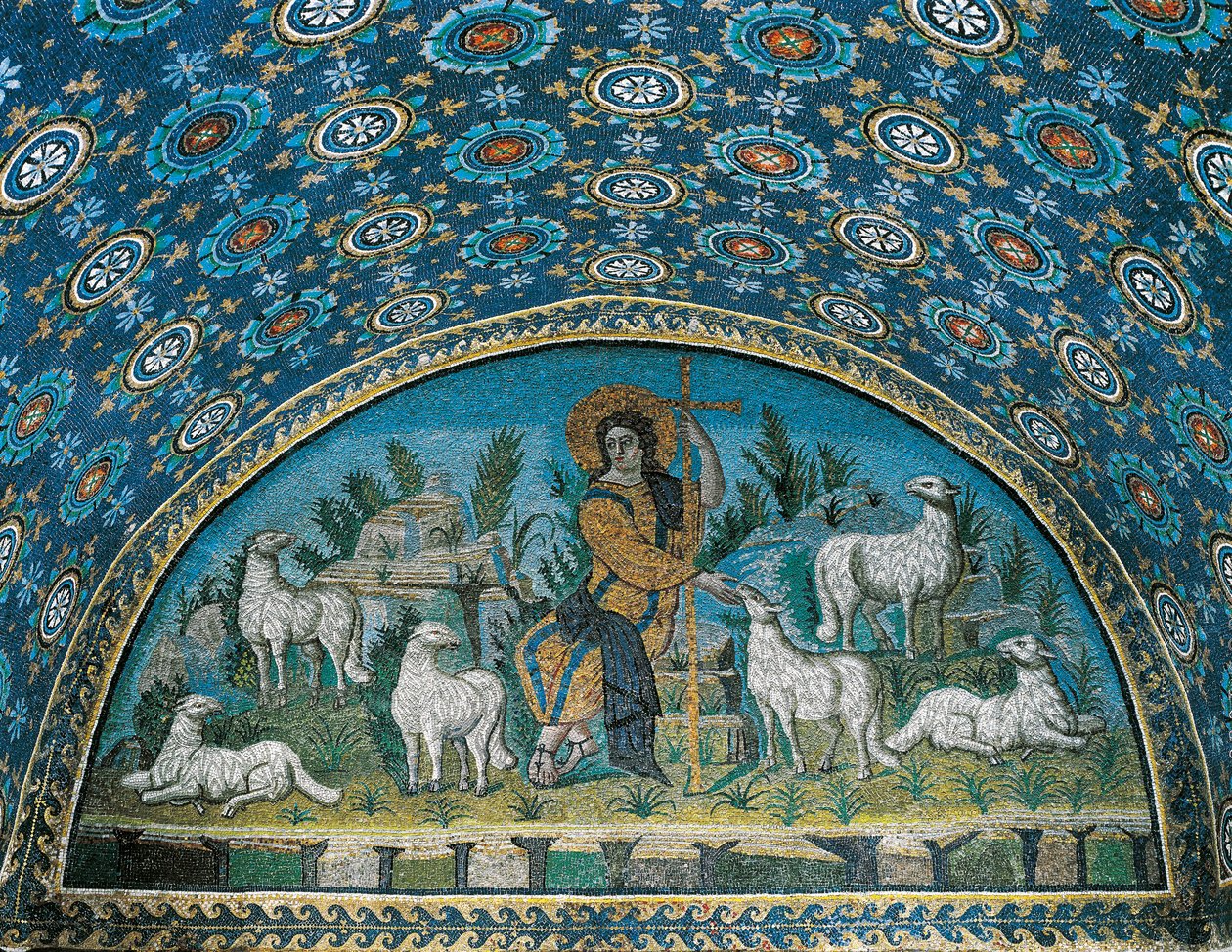 Hyvä paimen, Galla Placidian mausoleumin sisäänkäynnin oven yläpuolella olevan kehyksen mosaiikki, c425 (mosaiikki) tekijältä Paleo Christian