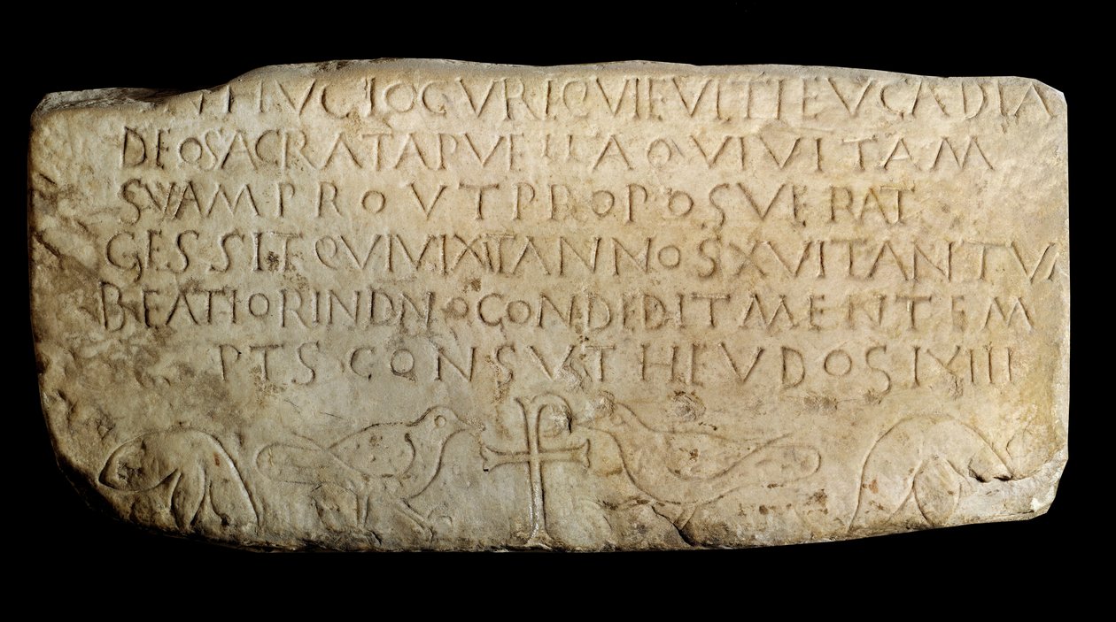 Paleokristillinen taide: Leukadian epitafi. Muistolaatta Lyonin vanhasta Makkabien kirkosta. Pariisi, Louvre-museo tekijältä Paleo Christian Paleo Christian