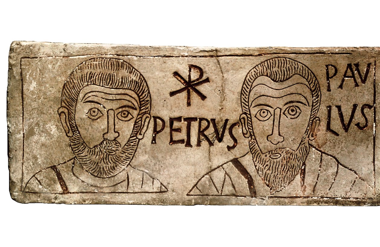 Sarkofagi, joka kuvaa apostoleja Pietaria ja Paavalia, varhaiskristillistä sivilisaatiota tekijältä Paleo Christian Paleo Christian