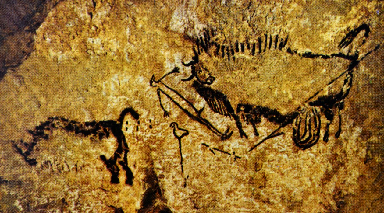Haavoittunut biison, haavoittunut mies ja villasarvikuono, Lascaux (luolamaalaus) tekijältä Paleolithic Paleolithic