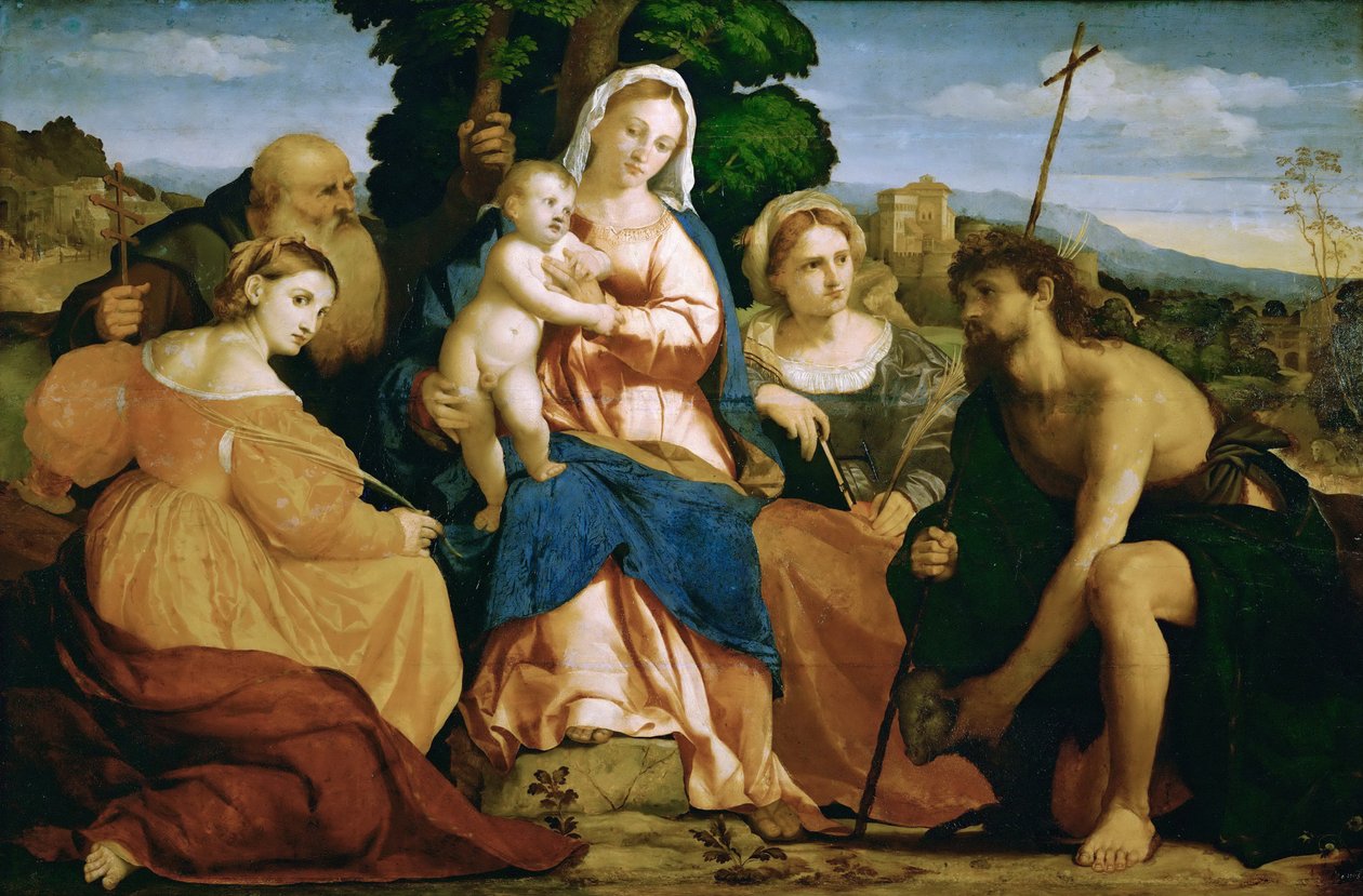Maria mit Kind und Heiligen Katharina und Coelestin (linkit) ja Johannes d. Täufer und Barbara (rechts) tekijältä Palma il Vecchio