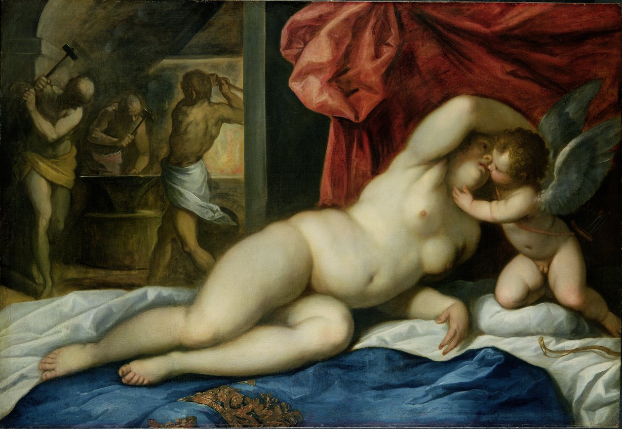 Venus ja Amor Vulcans Forgessa, noin 1600 tekijältä Palma Il Giovane
