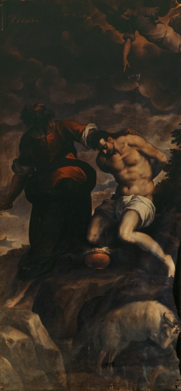 Kohtaus urkuovesta, Abraham ja Iisak, 1600 tekijältä Palma Il Giovane