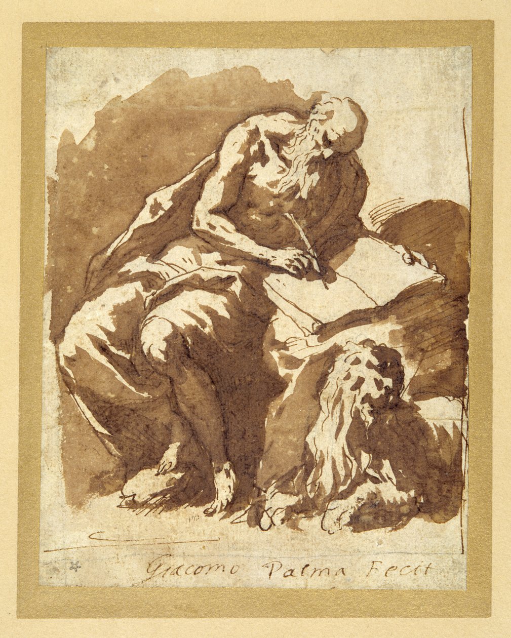 St. Jerome istuu kalliolla, kirjoittaa (kynä ja muste pesulla paperille) tekijältä Palma Il Giovane