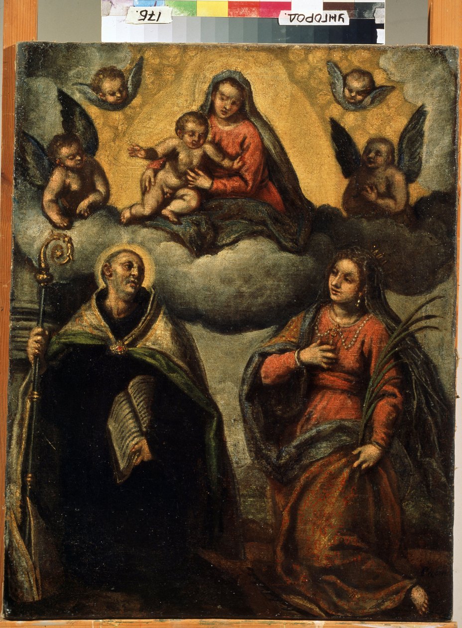 Neitsyt ja lapsi pyhien kanssa. Jacopo Palma il Giovanen maalaus (The Young tekijältä Palma Il  Giovane