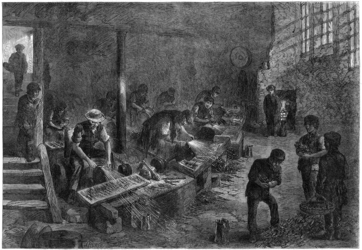 Sheffieldin terästehtaan haarukkahiomakoneiden runko, 1866. tekijältä Palmer