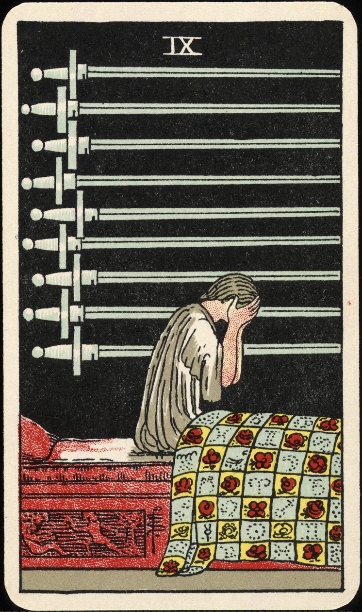 Nine of Swords, Tarot Card, n. 1937 tekijältä Pamela Colman Smith
