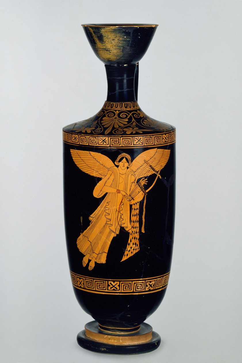 Ullakkolekythos, jossa on siivekäs Nike-hahmo, löydetty Gelasta, noin 490-80 eKr. (keraaminen) tekijältä Pan Painter