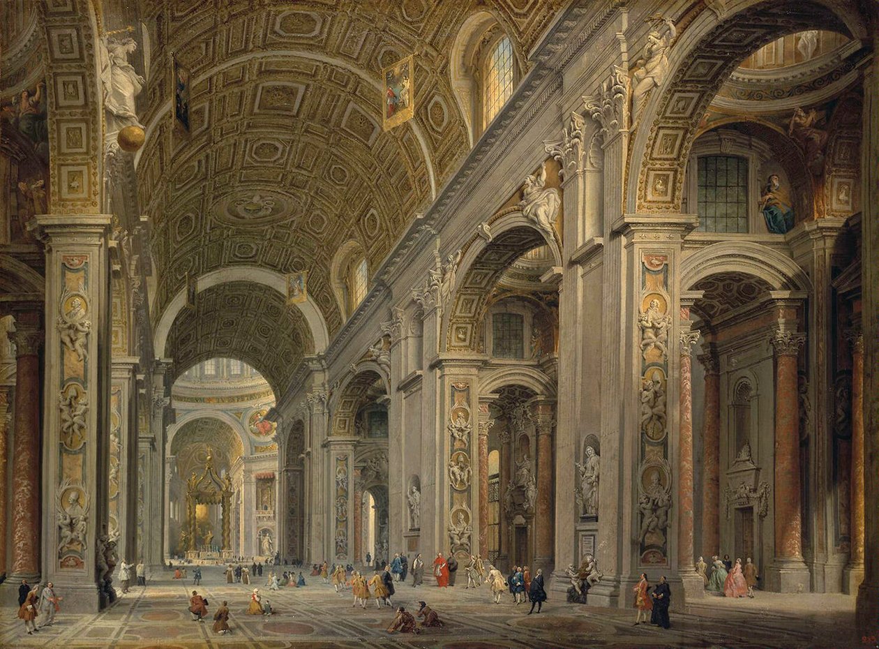 Pyhän Pietarin basilikan sisustus Roomassa, 1750-luku. tekijältä Pannini