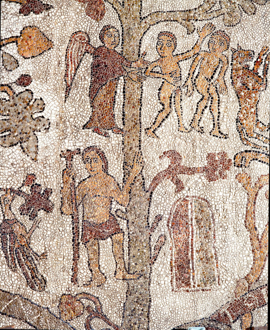 Aadam ja Eeva metsästävät papin ja mosaistin Pantaleonen Maan paratiisin mosaiikkia. 1163-1166. Otranton katedraalin keskuslaivo tekijältä Pantaleon