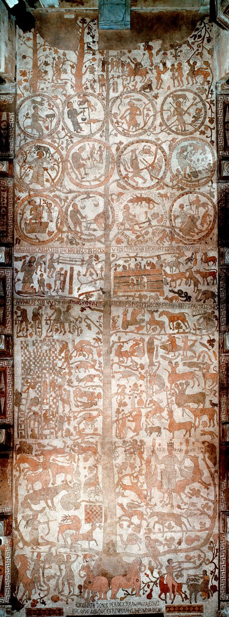 Maailman luominen, Aadam ja Eeva, raamatulliset kohtaukset ja eläinradan merkit Näkymä Pantaleonen, Moassete-papin (1100-luvulla) mosaiikkien kokonaisuudesta, joka peittää Otranton (Otranton) katedraalin laivan jalkakäytävän, Italia tekijältä Pantaleon Pantaleon