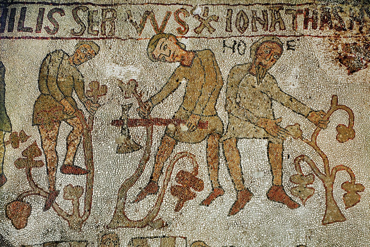 Nooan pojat istuttavat viiniköynnöksiä. Mosaiikki (mosaiikki) tekijältä Pantaleone Pantaleone