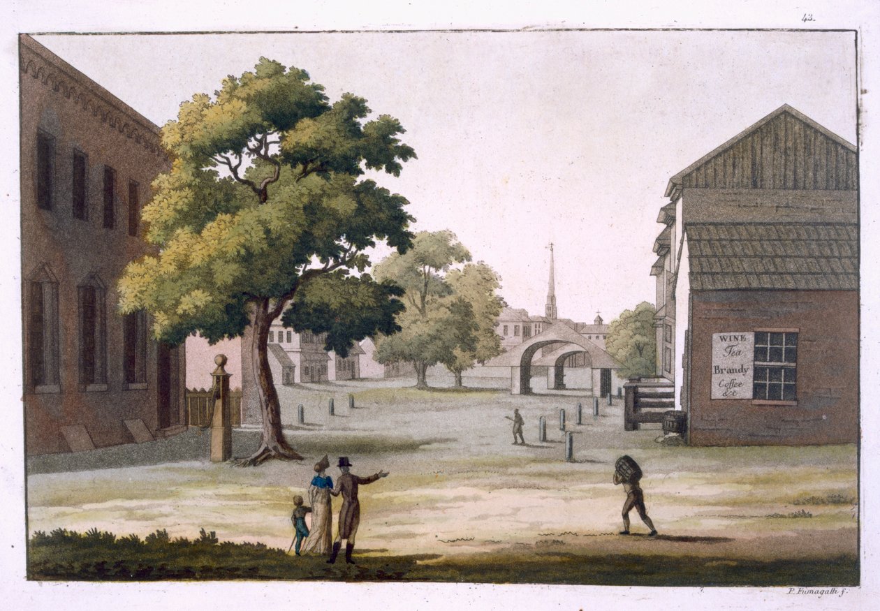 Kauppatori, Philadelphia, Pennsylvania, Jules Ferrarion "Le Costume Ancien et Moderne", osa I, levy 43, julkaistu 1820-30-luvulla tekijältä Paolo Fumagalli