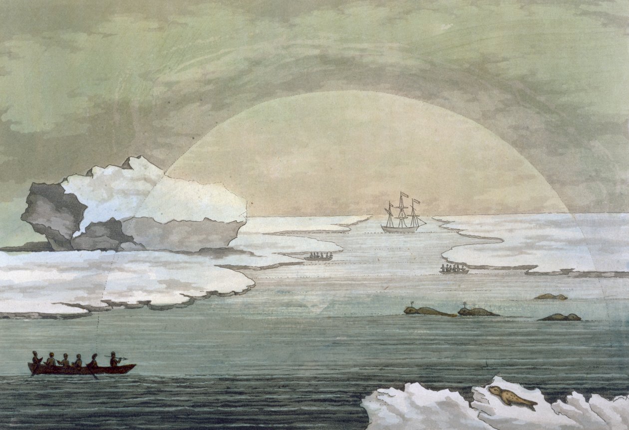 Auringon säteet vapauttavat jäätyneen brittiläisen valasveneen, Baffin Bay, heinäkuu 1817, Jules Ferrarion julkaisusta "Le Costume Ancien et Moderne", osa I, levy 21, julkaistu noin 1820-30-luvulla. tekijältä Paolo Fumagalli
