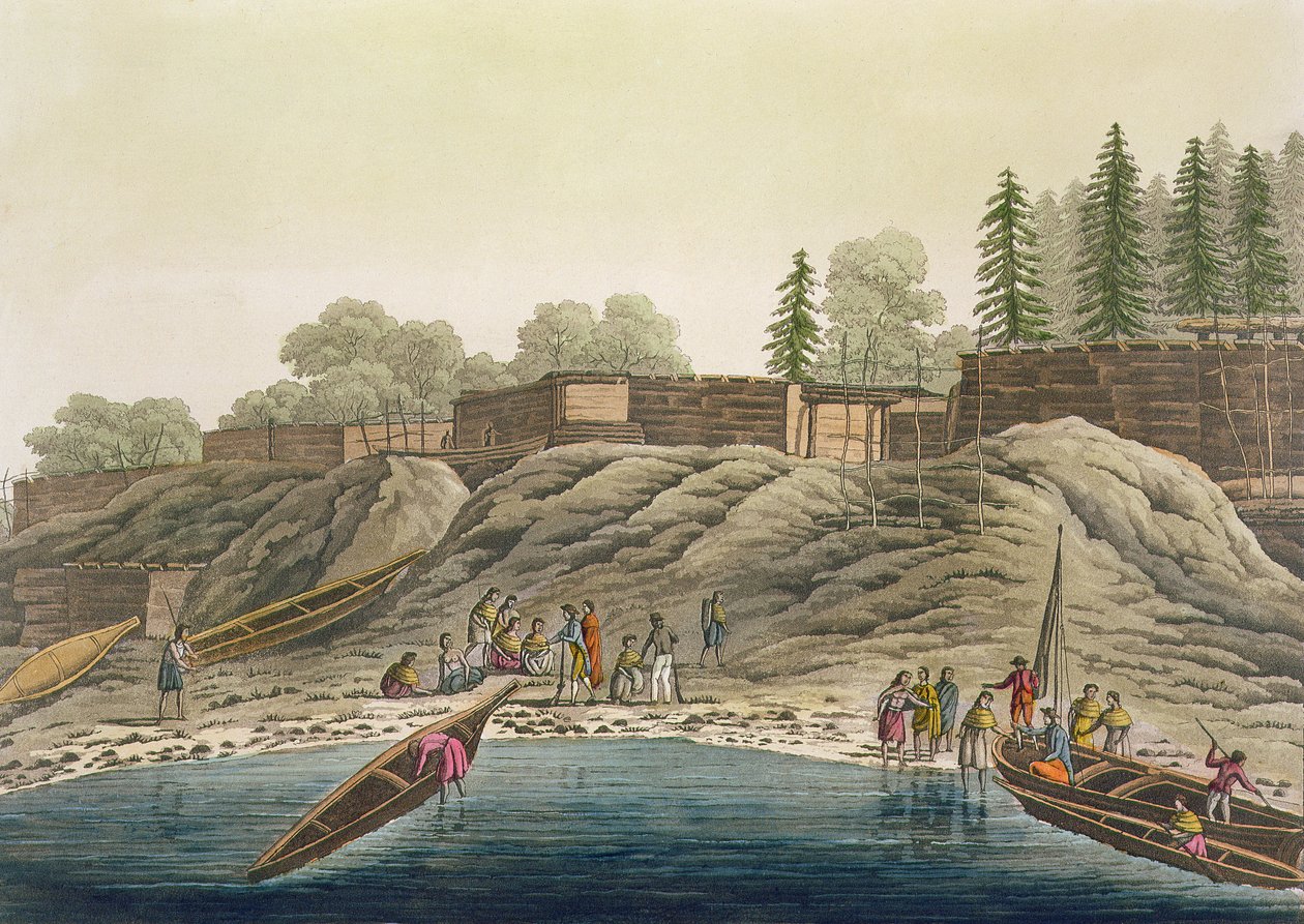 Nutka-intiaaneja vaihtamassa lahjoja eurooppalaisten tutkimusmatkailijoiden tai valaanpyytäjien kanssa, Jules Ferrarion julkaisemasta teoksesta "Le Costume Ancien et Moderne", osa I, taulu 18, n. 1820-30-luvuilla. tekijältä Paolo Fumagalli